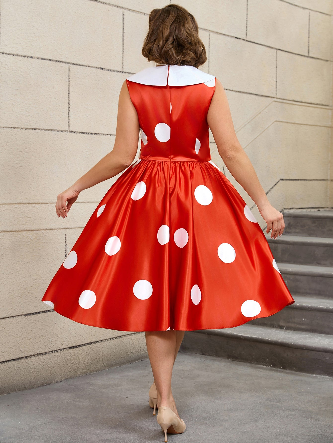 Plus Size Wedding Satin Turned-Down Collar Sleeveless Polka Dot Party A-Line Dress 11