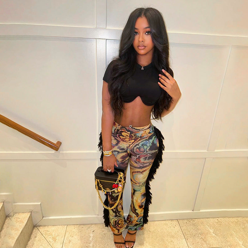 Women Autumn/Winter Multi-Color Printed Fringed Patchwork Pants 14