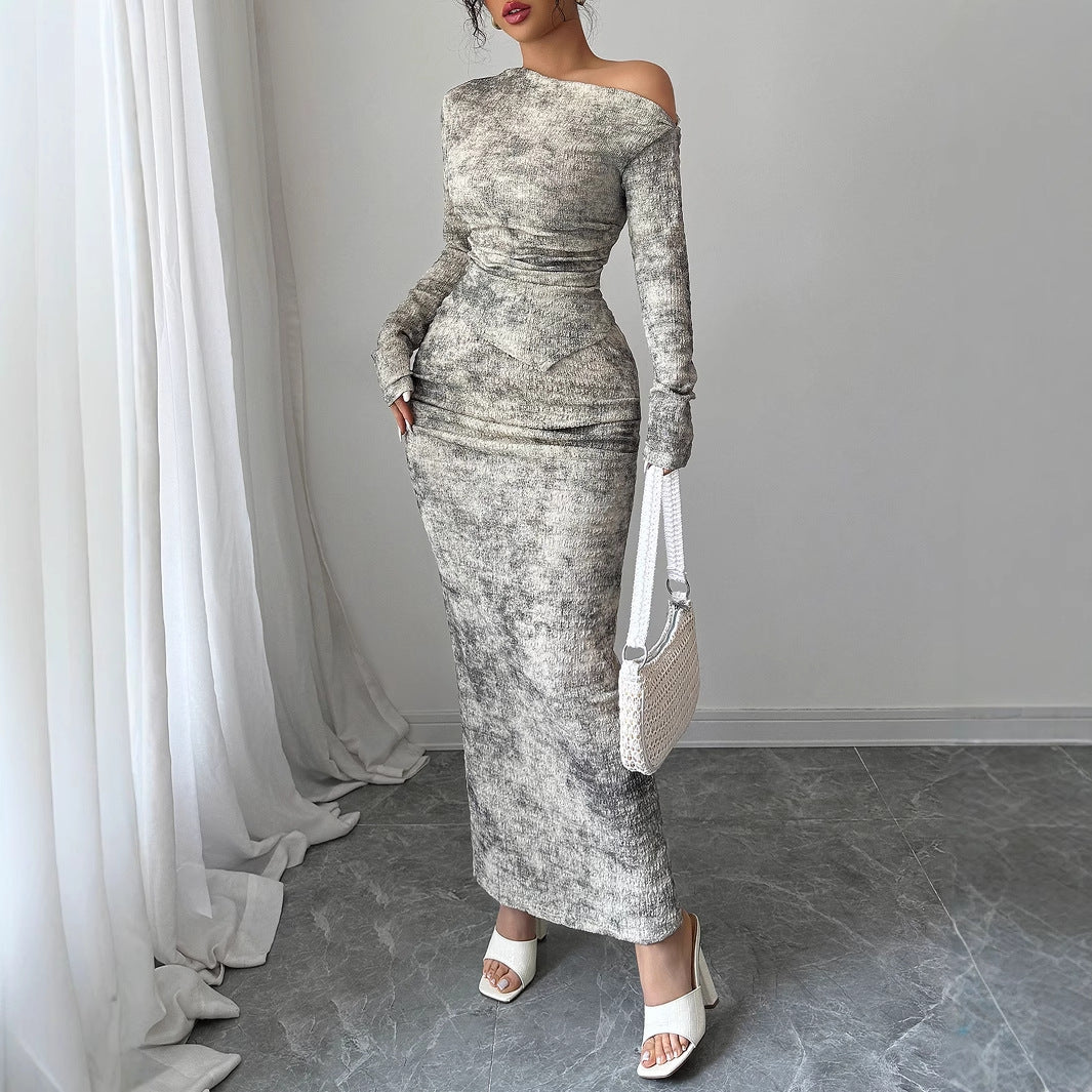 Women Elegant Slash Shoulder long-sleeved top and Skirt two-piece set 7