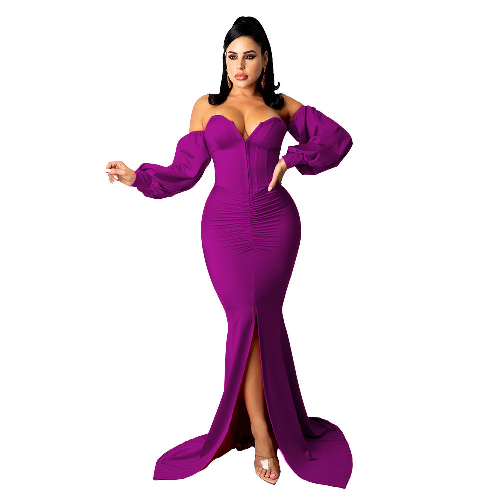 Women Solid Corset Sexy Long Sleeve Slit Party Dress 6