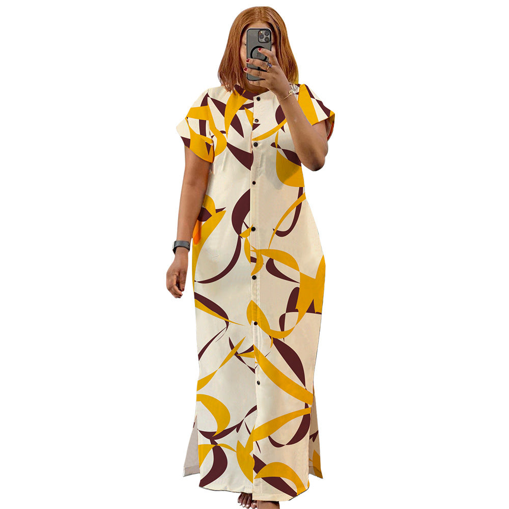 Summer Fashion Printed Short Sleeve Slit Shirt Maxi Dress Plus Size Dress 8