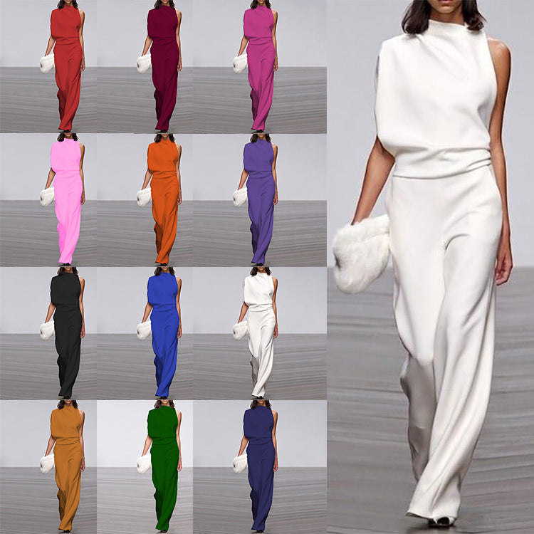 Women Pants Solid One Shoulder Stacked Collar Jumpsuit 32
