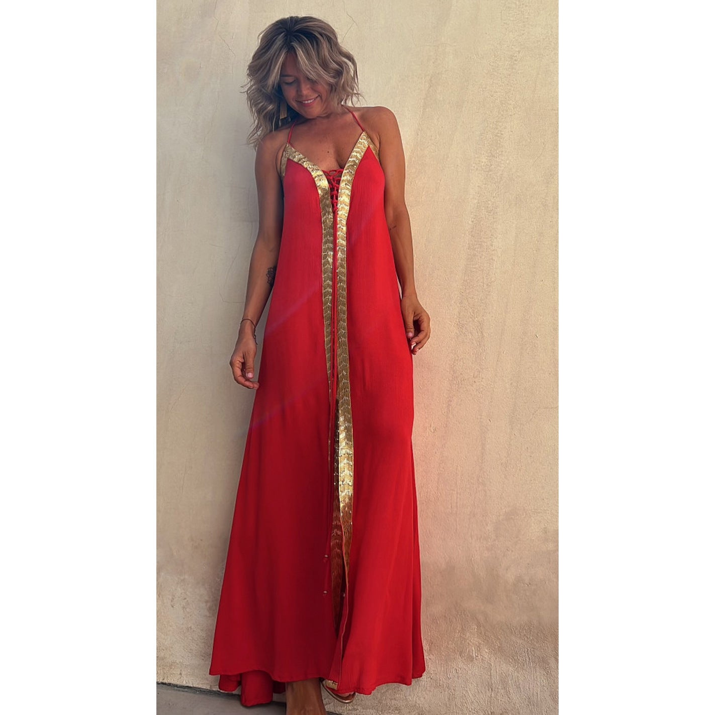 Spring Summer Lace Halter Neck Casual Loose Holidays Swing Dress 3