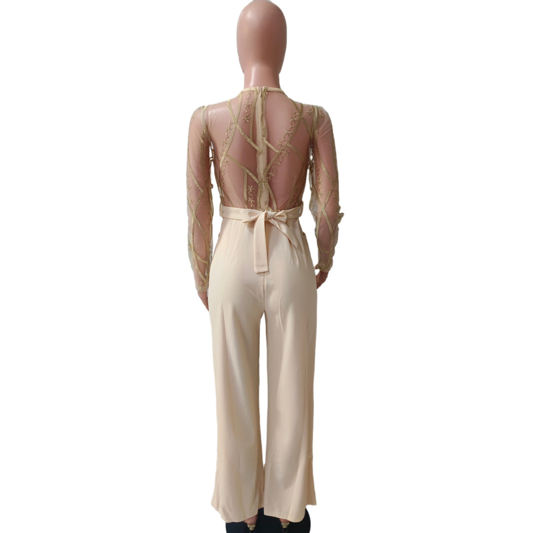 Women's Mesh See-Through Embroidery Patchwork Sexy Jumpsuit (Includes Belt) 14