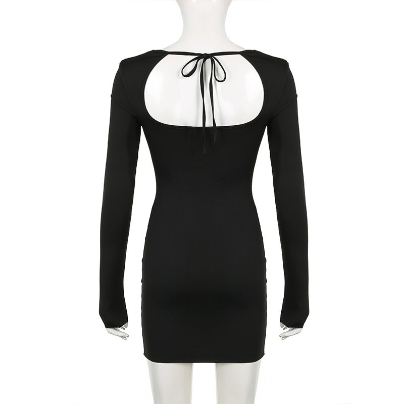 Women Solid Square Neck Long Sleeve Side Slit Hollow Backless Lace Mini Bodycon Dress 7