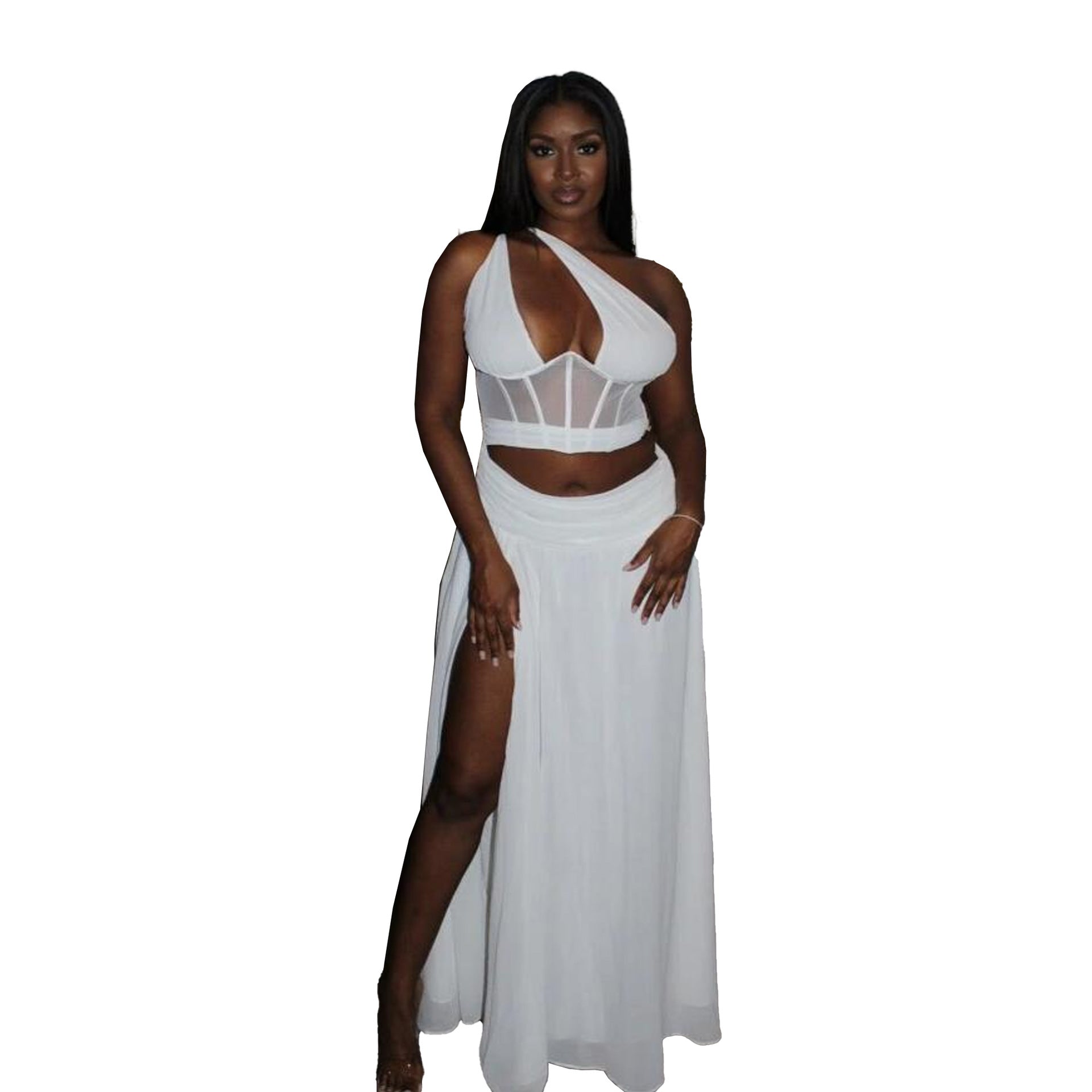 Sexy Solid See-Through One Shoulder Two Piece Skirt Set 5