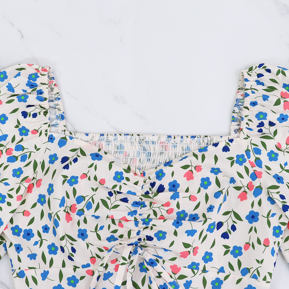 Women Floral V Neck Pleated Summer Dress 6