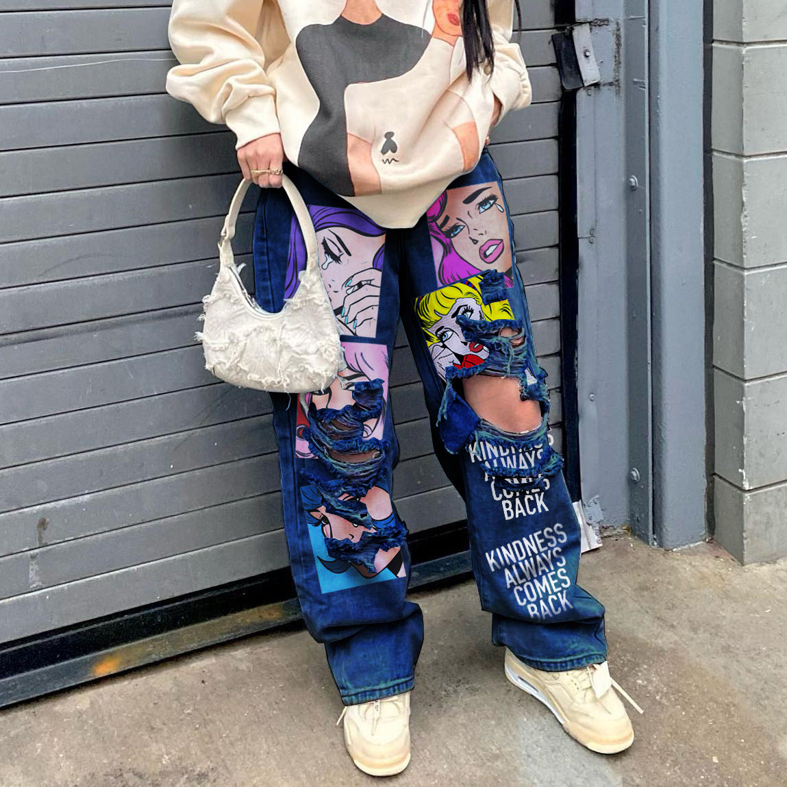 American Retro High Street Printed Wash Denim Pants Casual Women Wide Leg Jeam 8