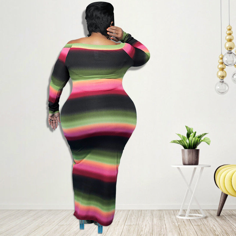 Plus Size Women Summer V-neck Off-shoulder Striped Print Dress
