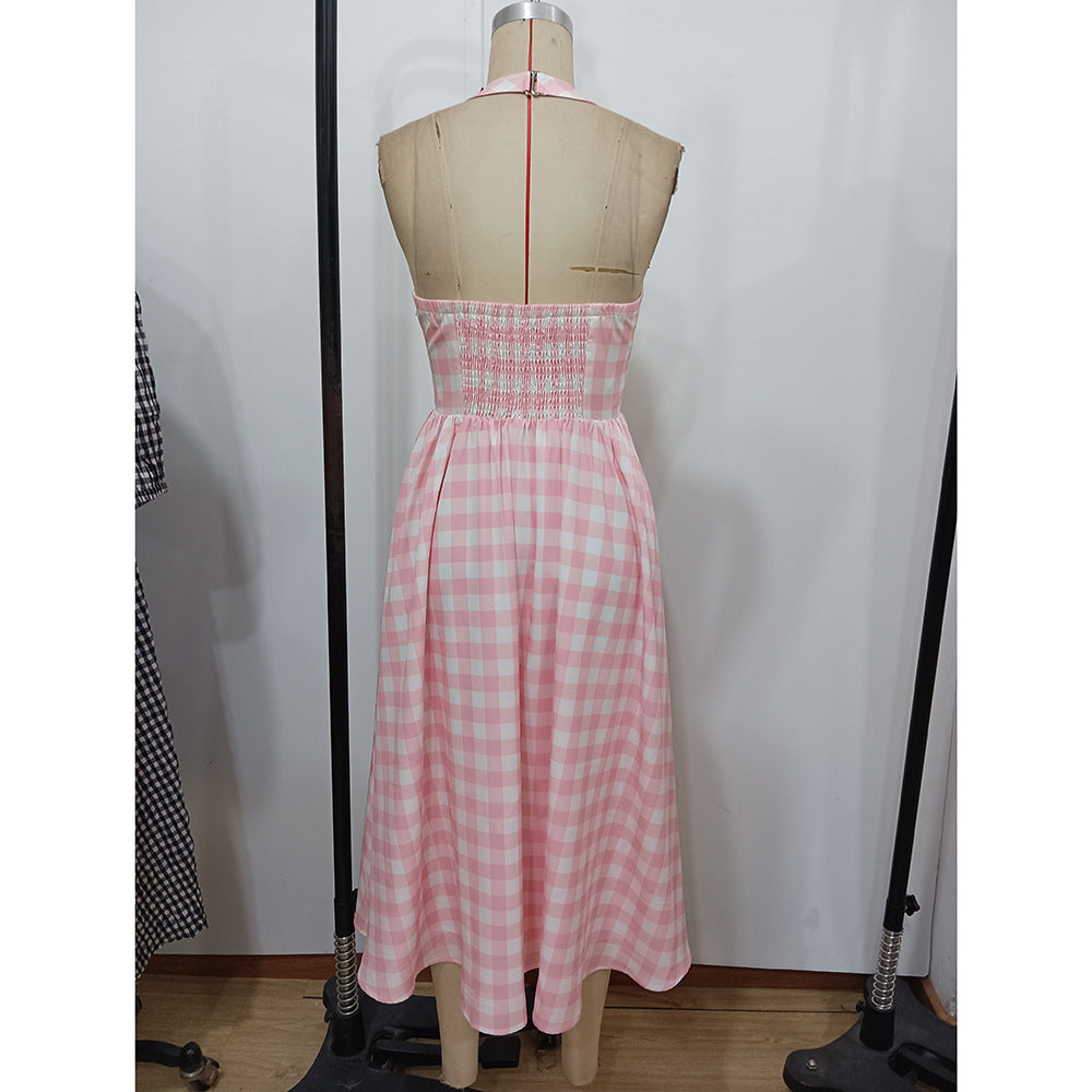 Summer women's retro Halter Neck plaid print swing dress 10
