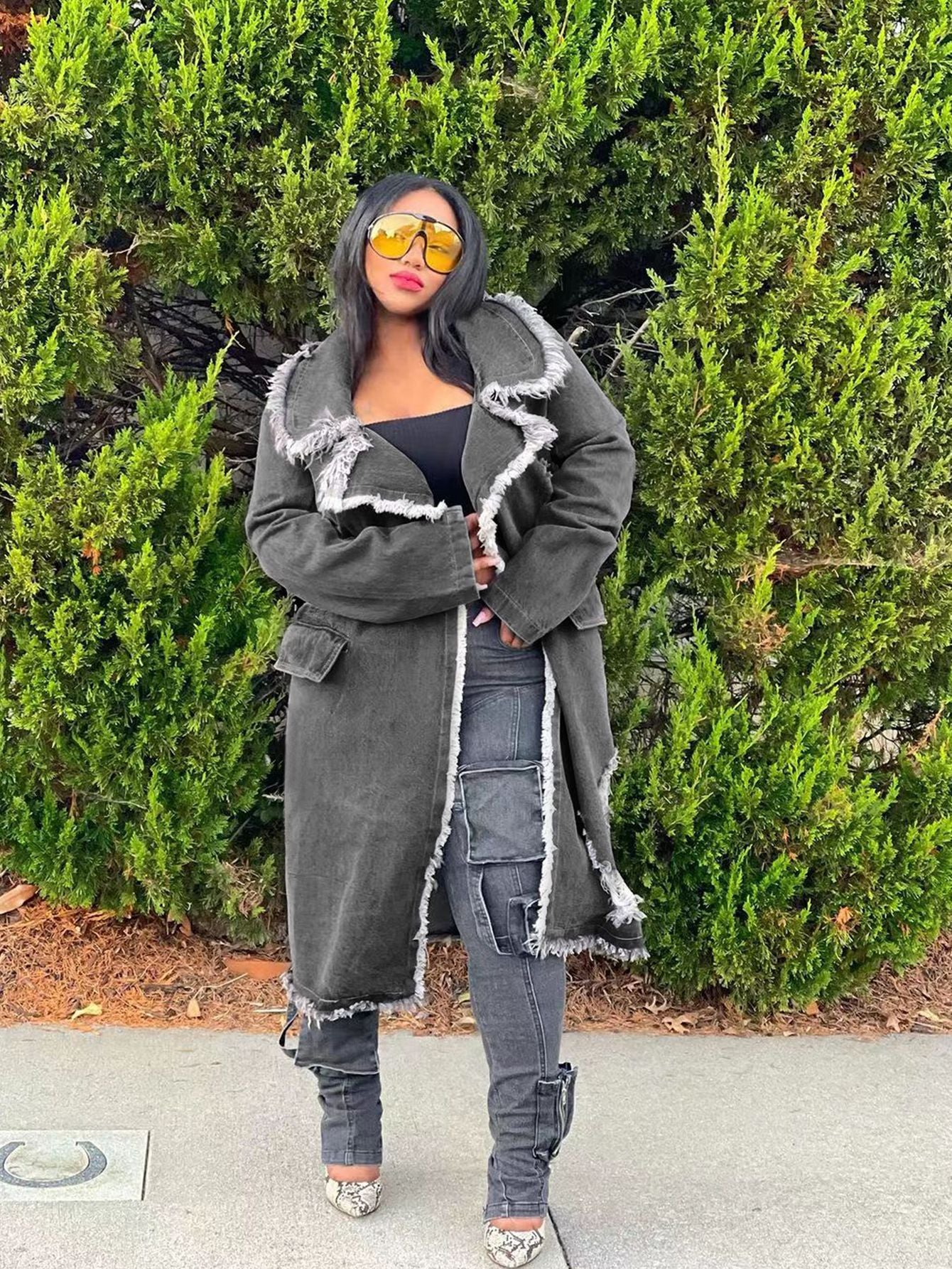 Women's Turndown Collar Ripped Denim Coat Jacket 4