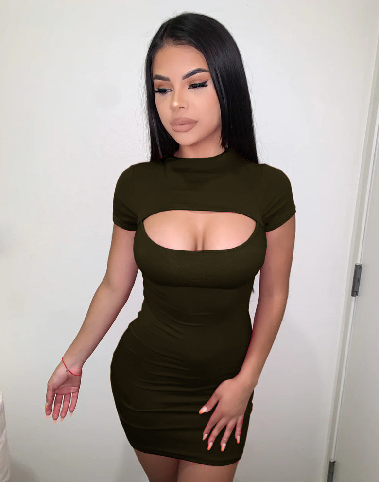Sexy Solid Color Hollow Short Sleeve Bodycon Dress 6