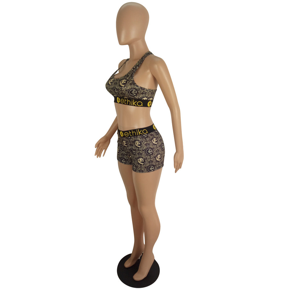 Women's Spring/Summer Slim Style Printed Sports Two-Piece Shorts Set 31