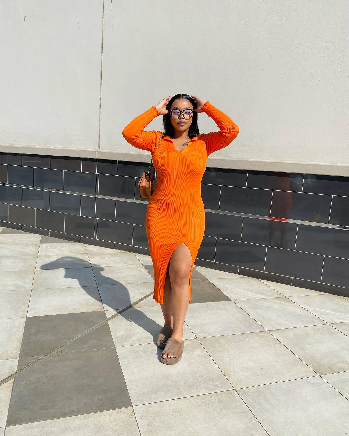 Women Polo Neck Slit Solid Dress