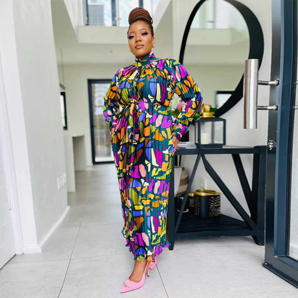 Women Autumn Printed Long Sleeve Pleated Dress 4