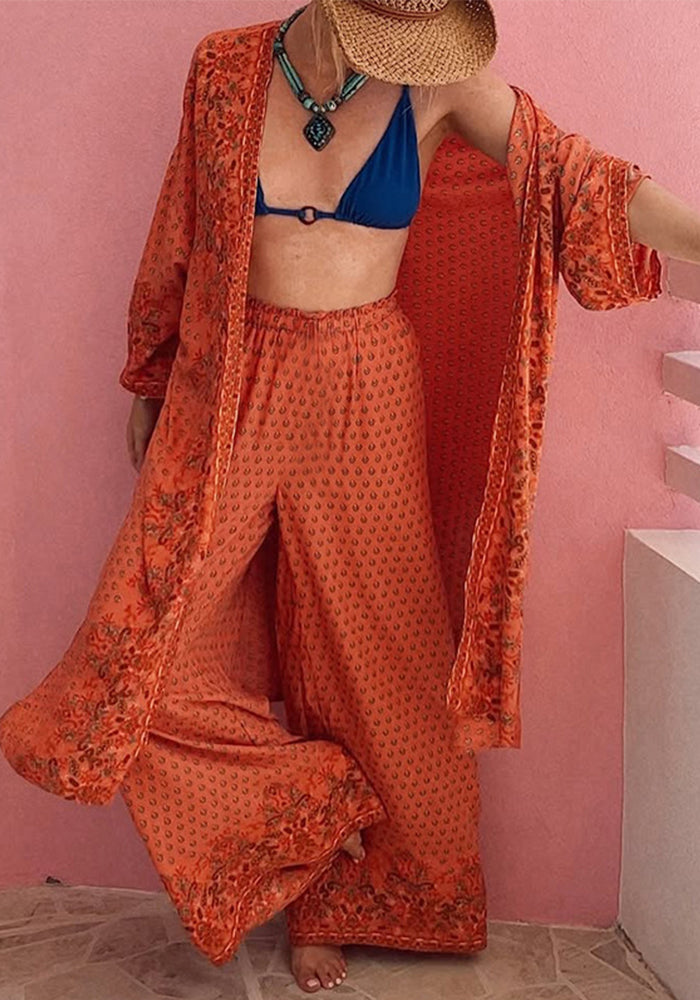 Women  Spring Summer Print Top and Wide Leg Pants Two Piece Set