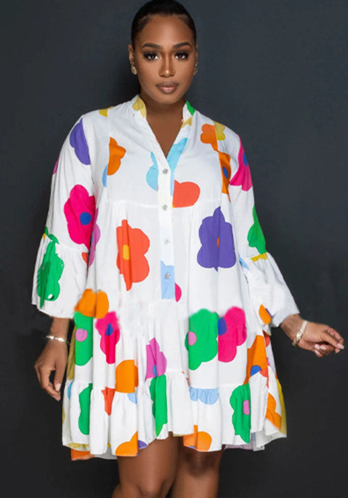 Ladies Printed V-neck Long Sleeve Dress 5