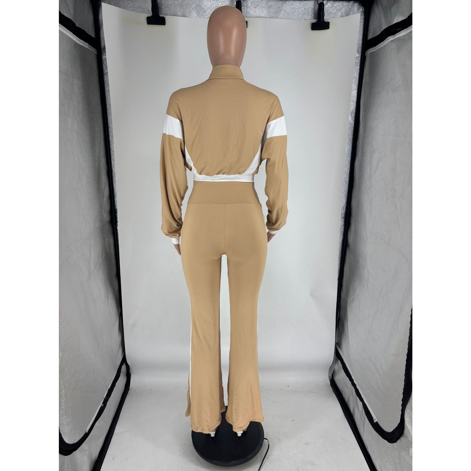 Women's Chic Casual Color-Block Long-Sleeve Zipper Top Slim Fit Bell Bottom Pants Set 15