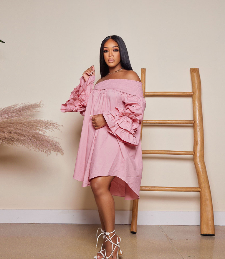 Summer Solid Off Shoulder Ruffled Long Sleeve Loose Casual Dress