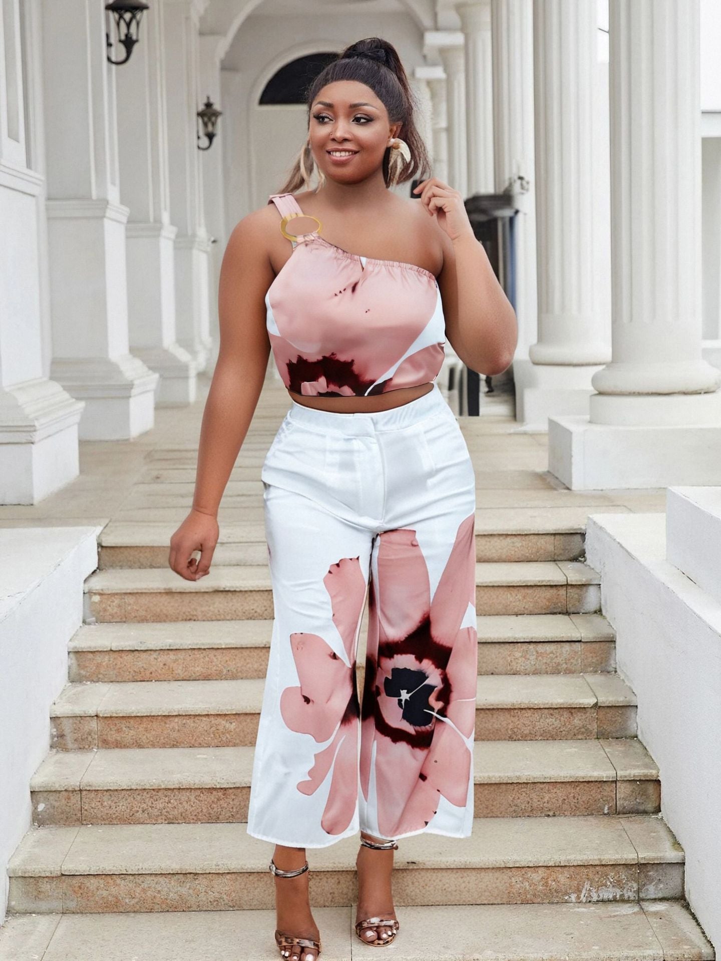 Plus Size Spring/Summer Printed One Shoulder Crop Top Wide Leg Pants Two Piece Set 9