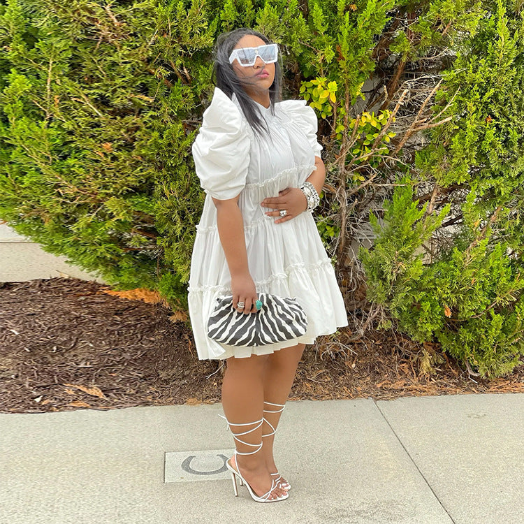 Spring/Summer Retro Court Style Pleated Puff Sleeve Loose Women Dress