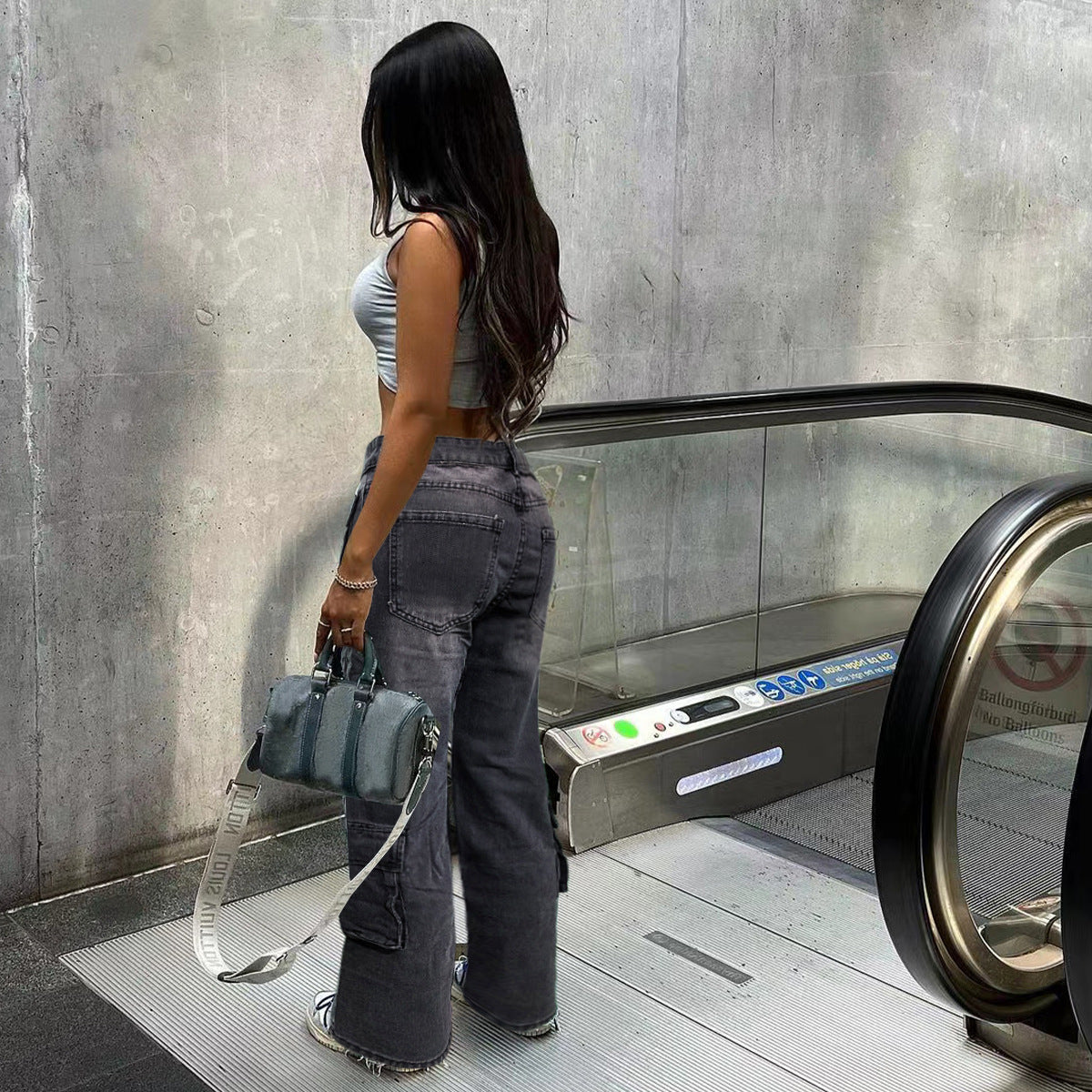 Women Pocket Cargo trousers Wide Leg Straight Washed Denim Pants 3