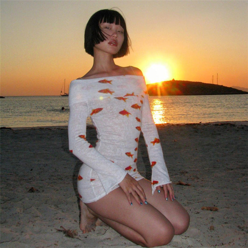 Women Summer Long Sleeve Off Shoulder Printed Bodycon Dress 4