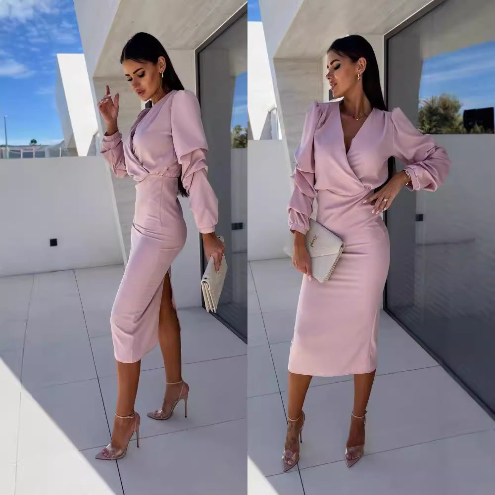 Women Autumn V-neck Solid Bodycon Dress 7