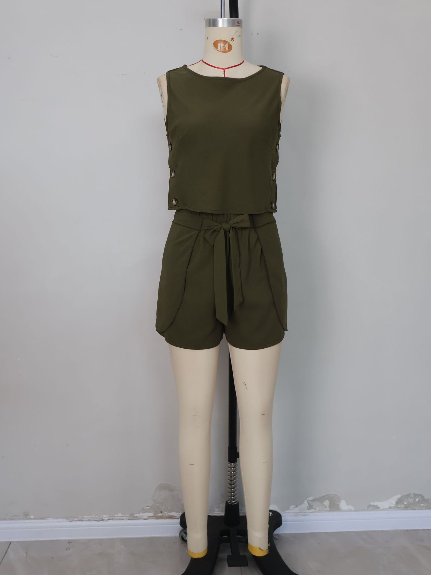 Women Solid button lotus leaf Lace-Up bow sleeveless top and shorts two-piece set 9