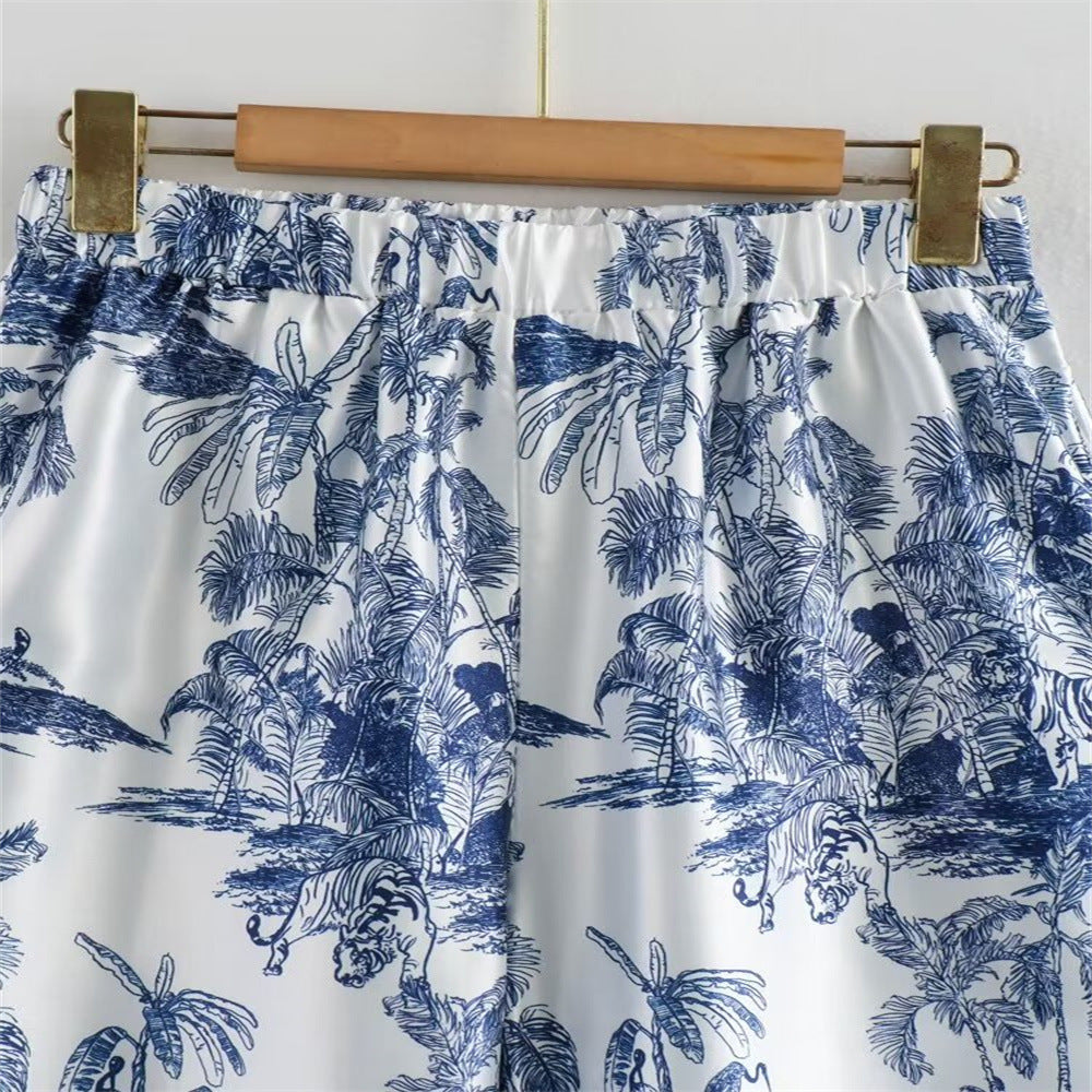 Summer Women loose long-sleeved printed shirt And Pant two-piece set 12