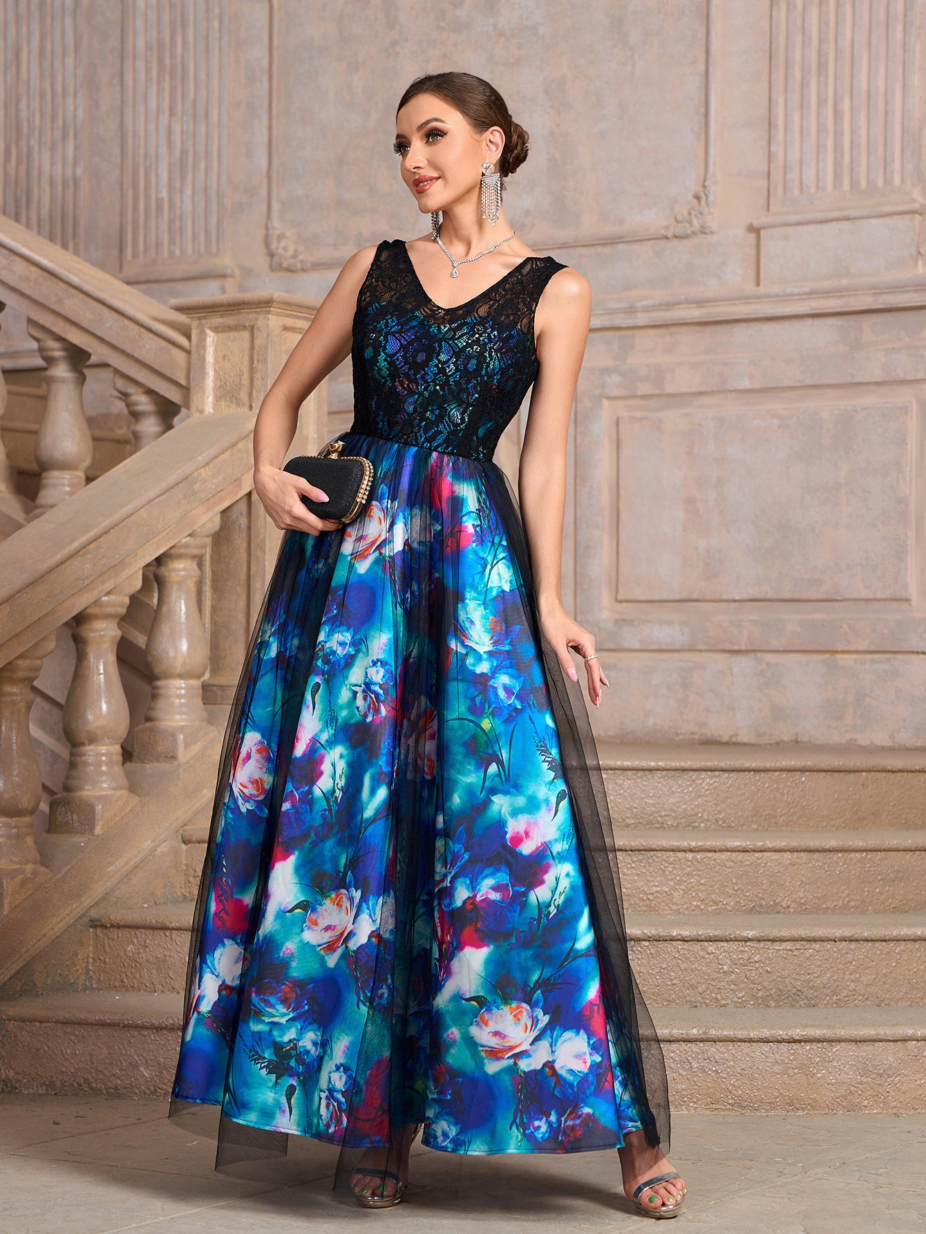 Women blue sleeveless v-neck printed black mesh patchwork flower print dress