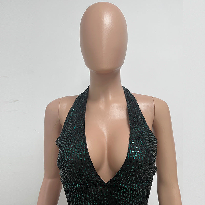 Women Sleeveless Halter Neck Sequined Mermaid Dress 40