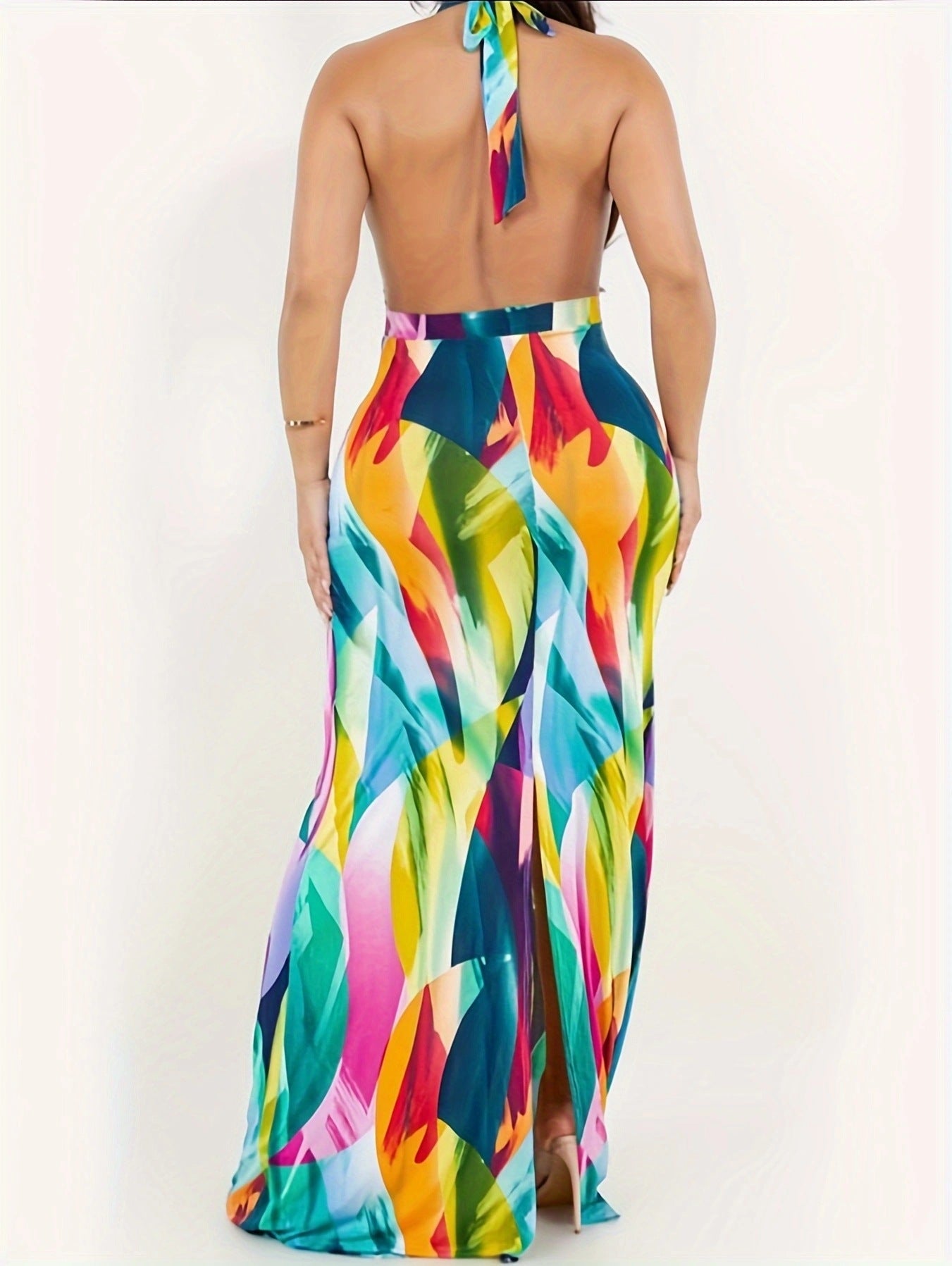 Women's Printed Halter Neck Backless Long Dress 4