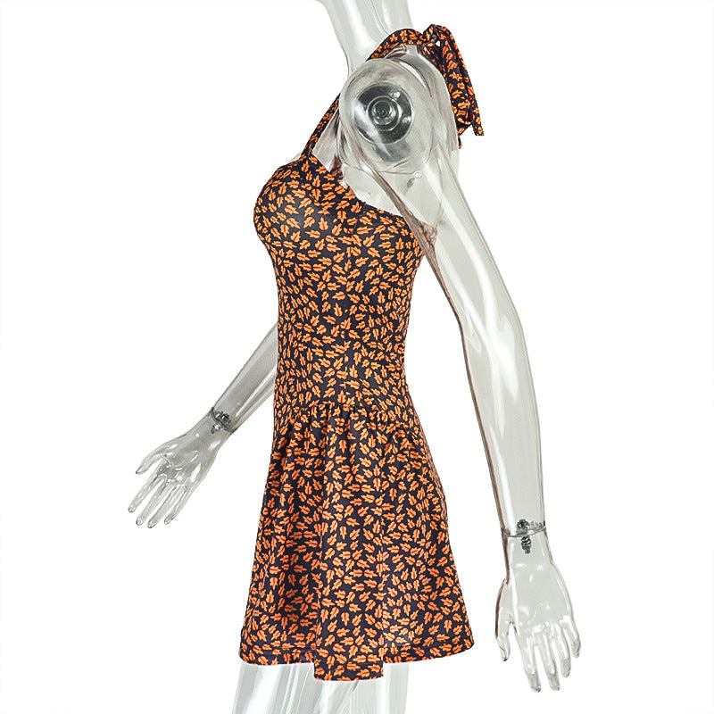 Women Pleated Print Halter Neck Backless Dress 10