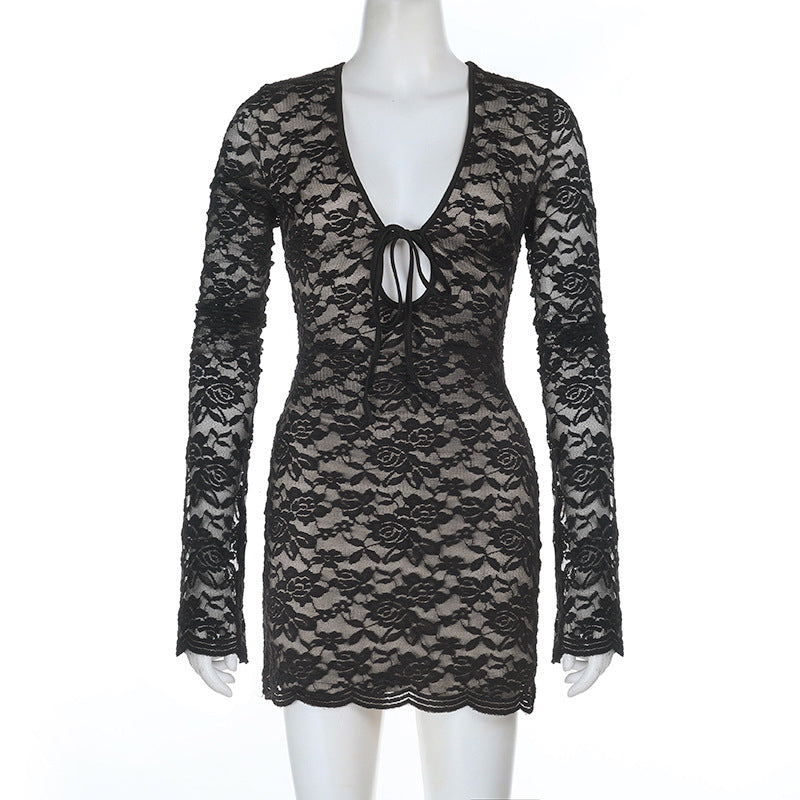 Women Bell Bottom Long-Sleeved Sexy Lace-Up Mini Dress 6