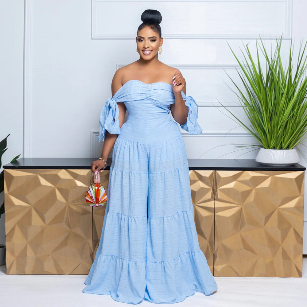 Women Off Shoulder Strapless Solid Wide Leg Pants 3