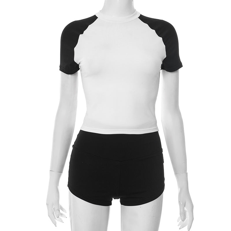 Women Spring and Summer Round Neck Contrast Color Top and Shorts Two-Piece Set 5