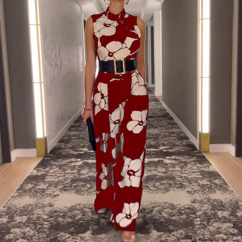 Women Summer Stand Collar Printing Jumpsuit 5