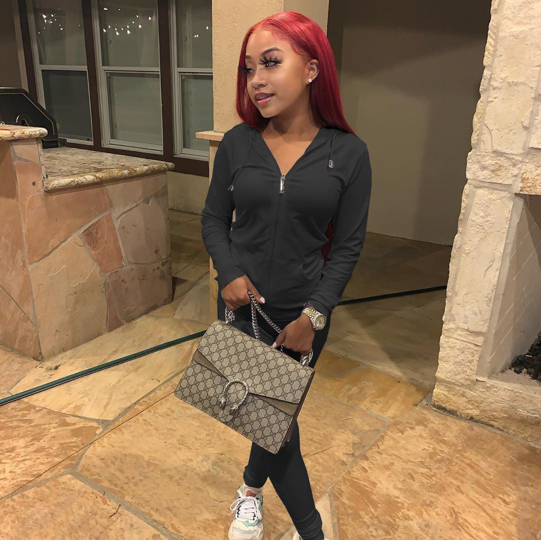 Women Summer Sports Hooded Full Sleeves Solid Pockets Regular Two Piece Pants Set 17