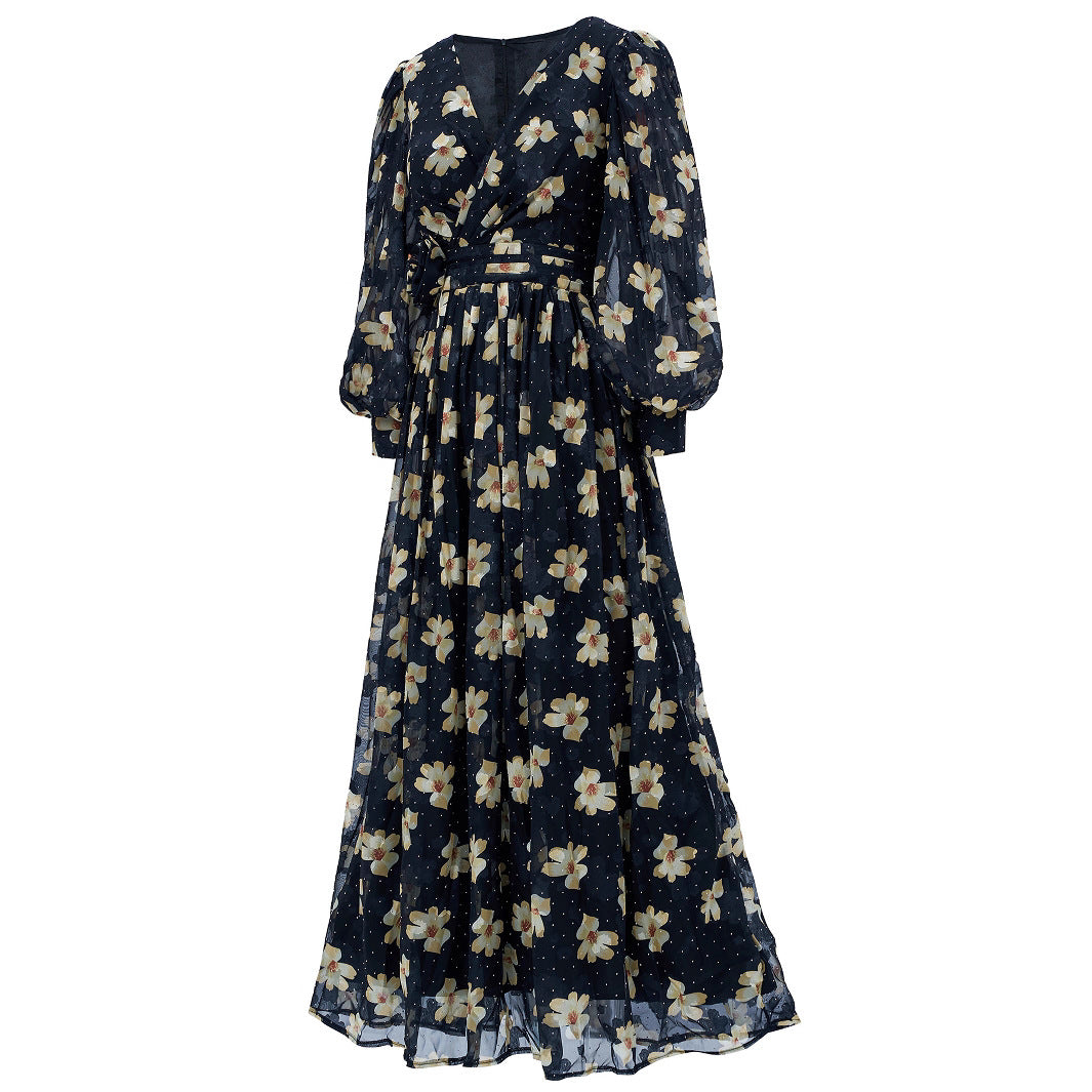 Elegant Women's Long-Sleeve V-Neck Ruffled Formal Party Mesh Evening Gown 8