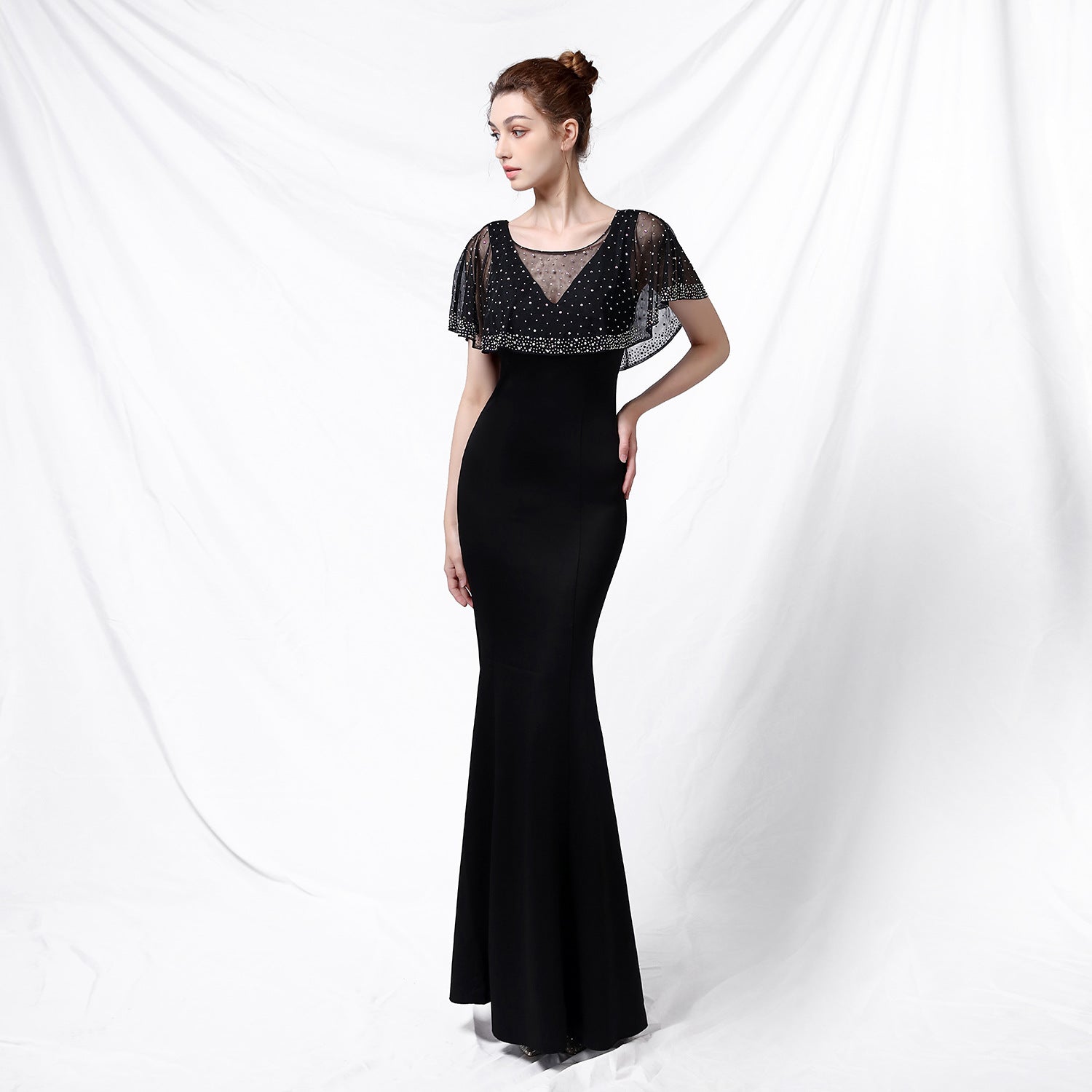 Bride Cape Solid Sleeveless V-Neck Long Mermaid Wedding Evening Dress Two Piece Set 4