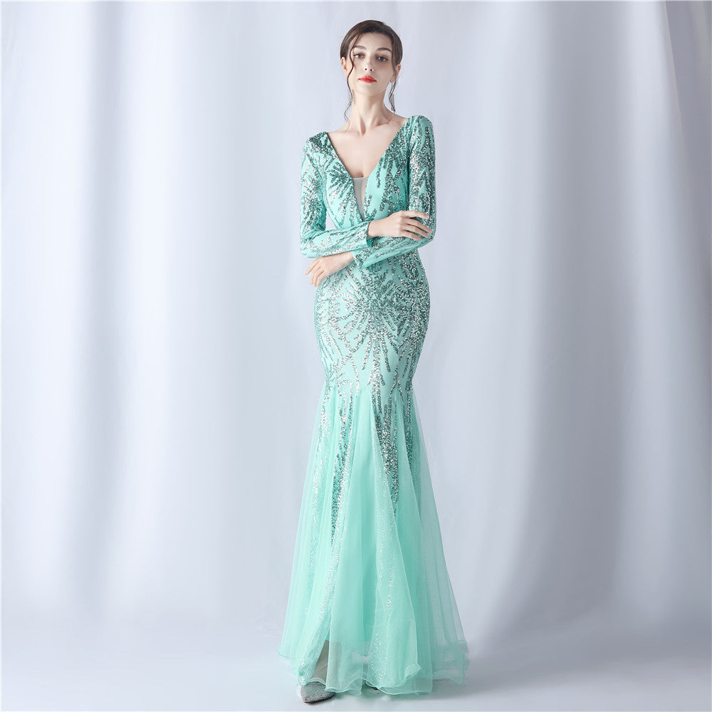Women mesh sequin wedding dinner long-sleeved evening dress 16