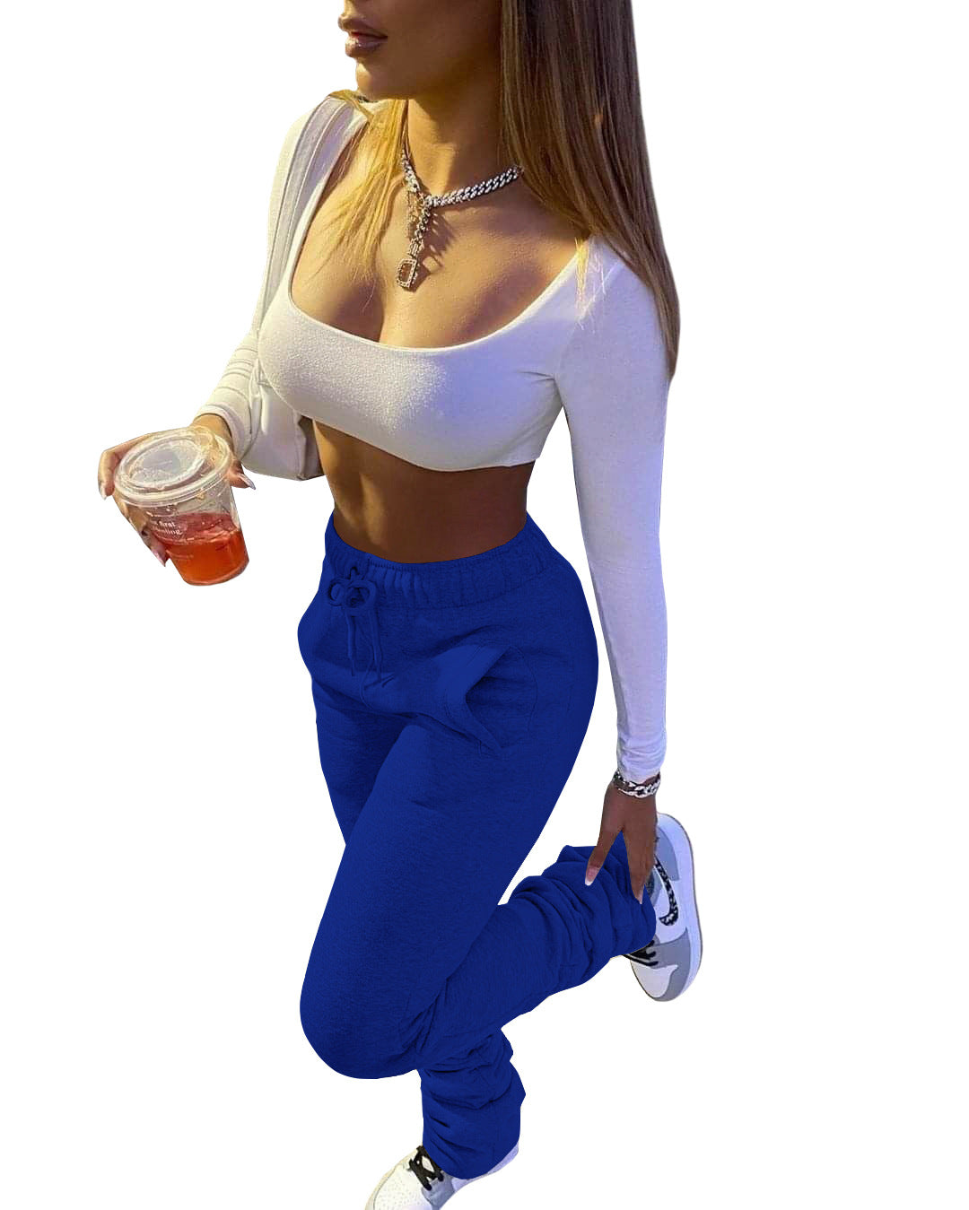 Women Fleece Sports Casual Drawstring Pockets Stacked Pant 5