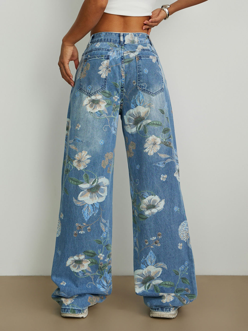 Street fashion printed loose straight wide leg denim trousers 4
