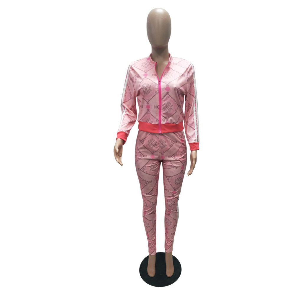 Autumn Printed Stripes Zipper Sports Two Piece Pants Set 7