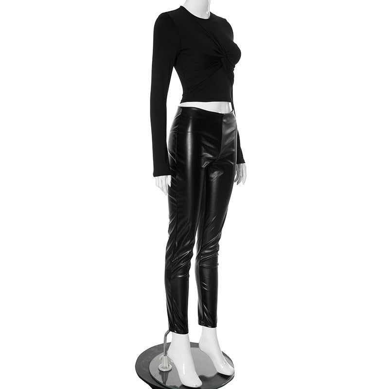 Women long sleeve stretchy pu Leather Top And PantTwo Piece Set 11