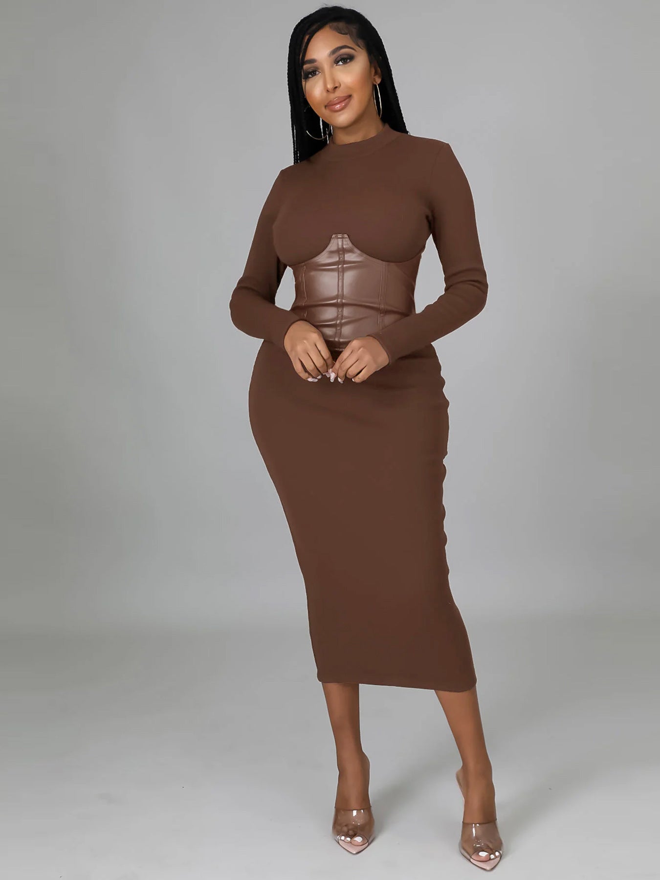 Women Round Neck Long Sleeve Patchwork Bodycon Dress 3