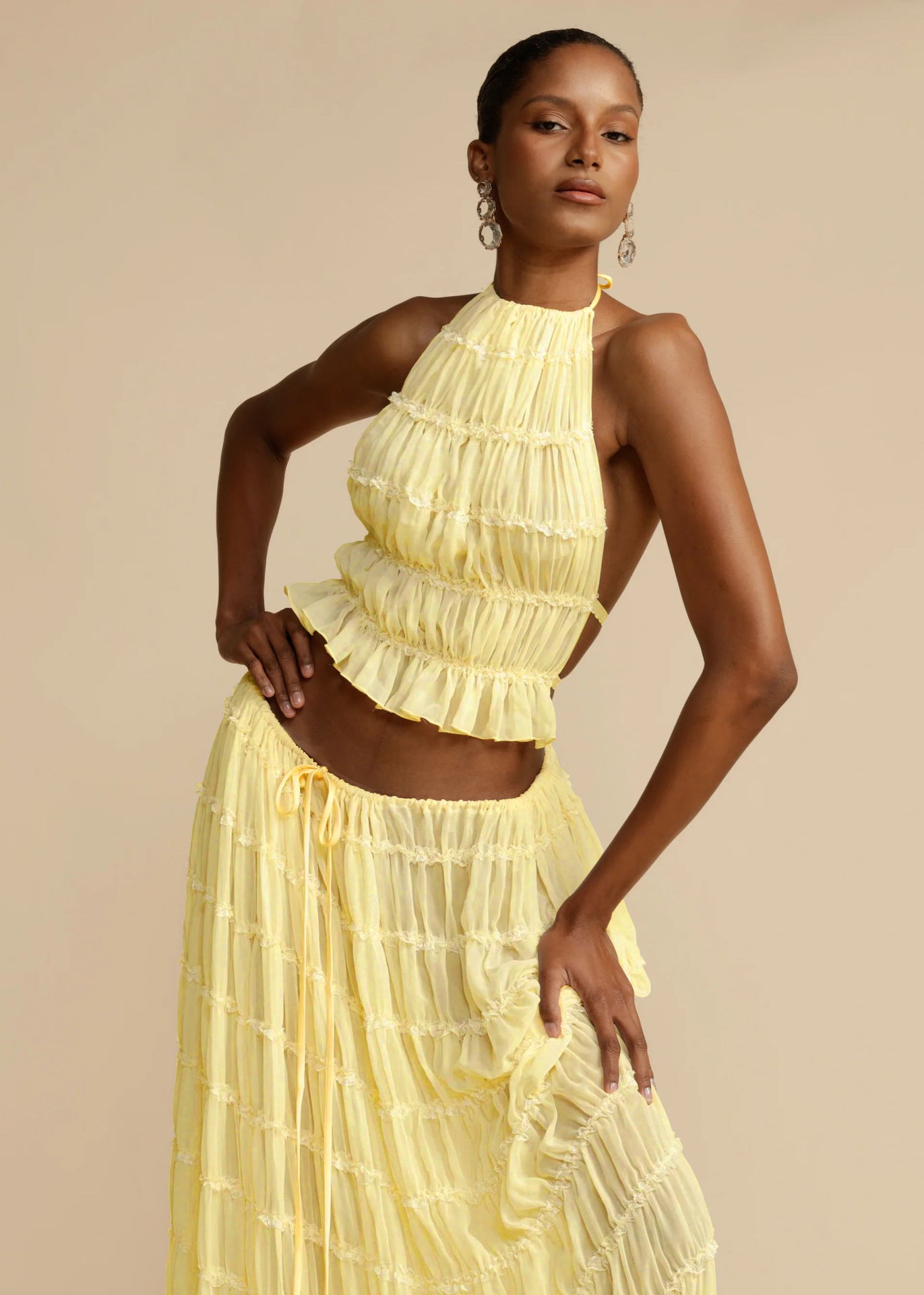 Women Spring Summer Casual Halter Neck Top and Long Skirt two-piece set 22