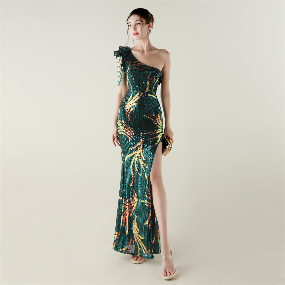 Sequin Beaded One-Shoulder High Slit Fishtail Dinner Party Dress 10