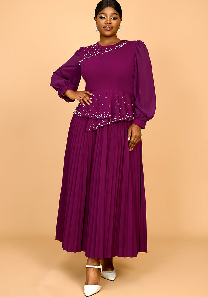 Plus Size Ruffle Elegant Round Neck Beaded Pleated Party Dress